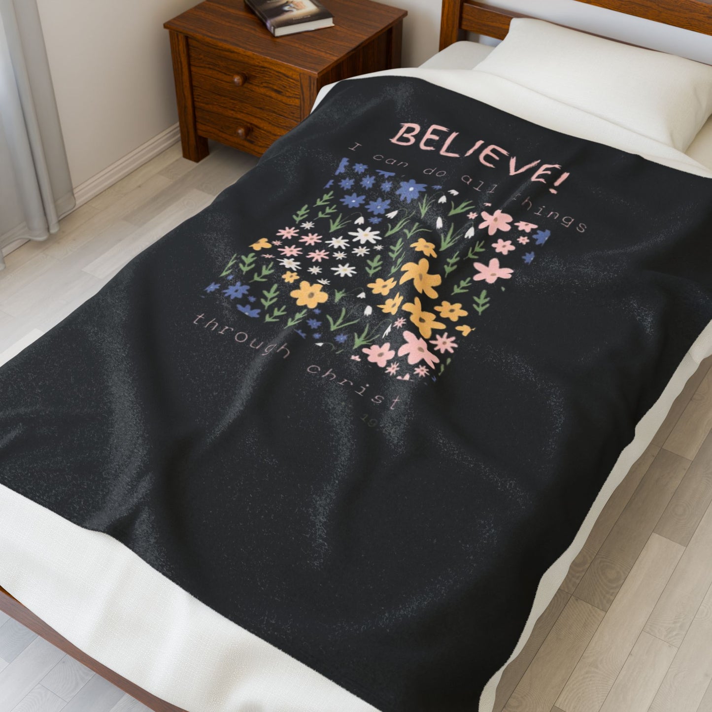 Inspirational Floral Velveteen Plush Blanket - Cozy Throw for Comfort, Motivational Gift, Home Decor, Encouragement, Prayer