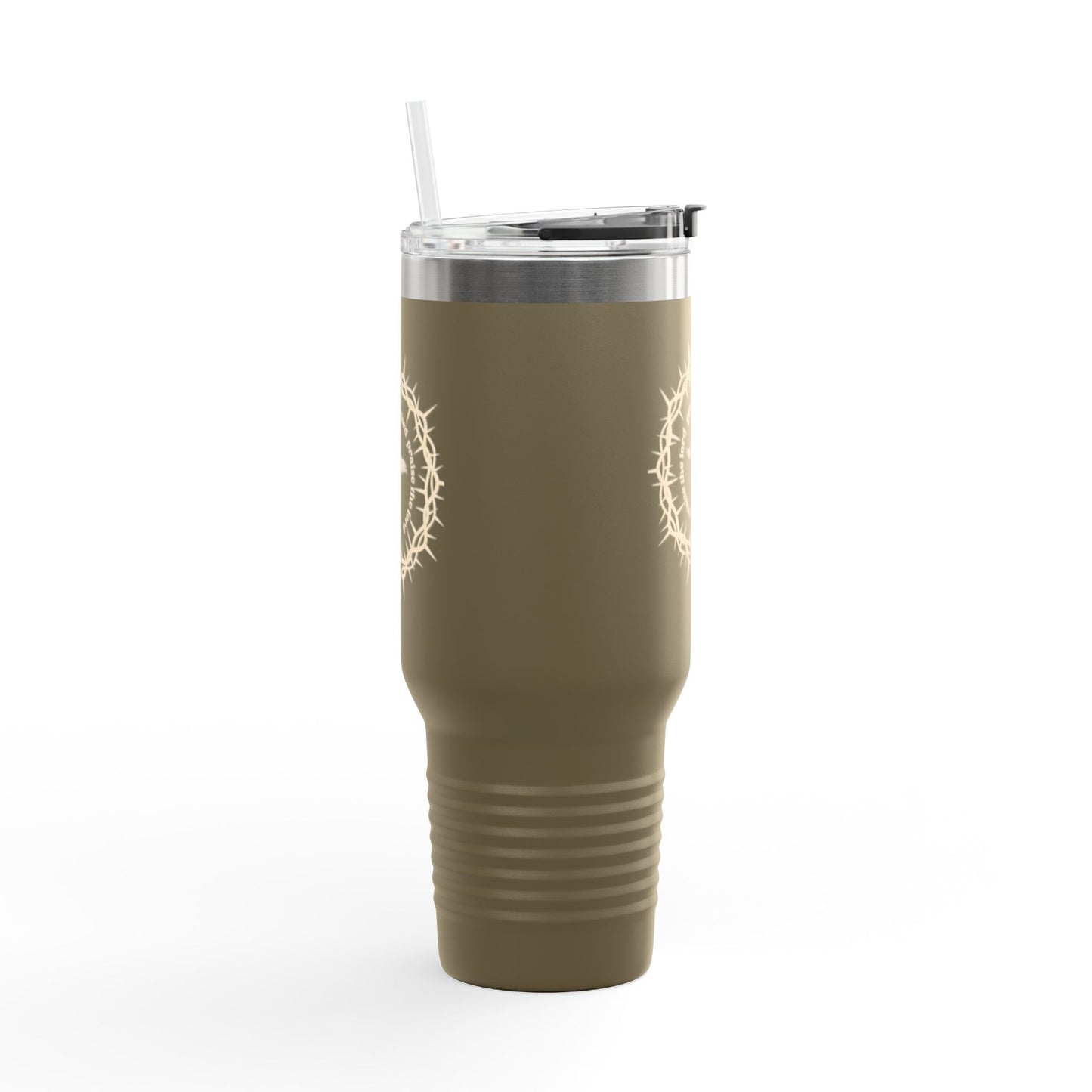 Stay refreshed on the go with this 40oz insulated travel mug. Durable stainless steel, built-in handle, straw, and leak-resistant lid for all-day hydration.

