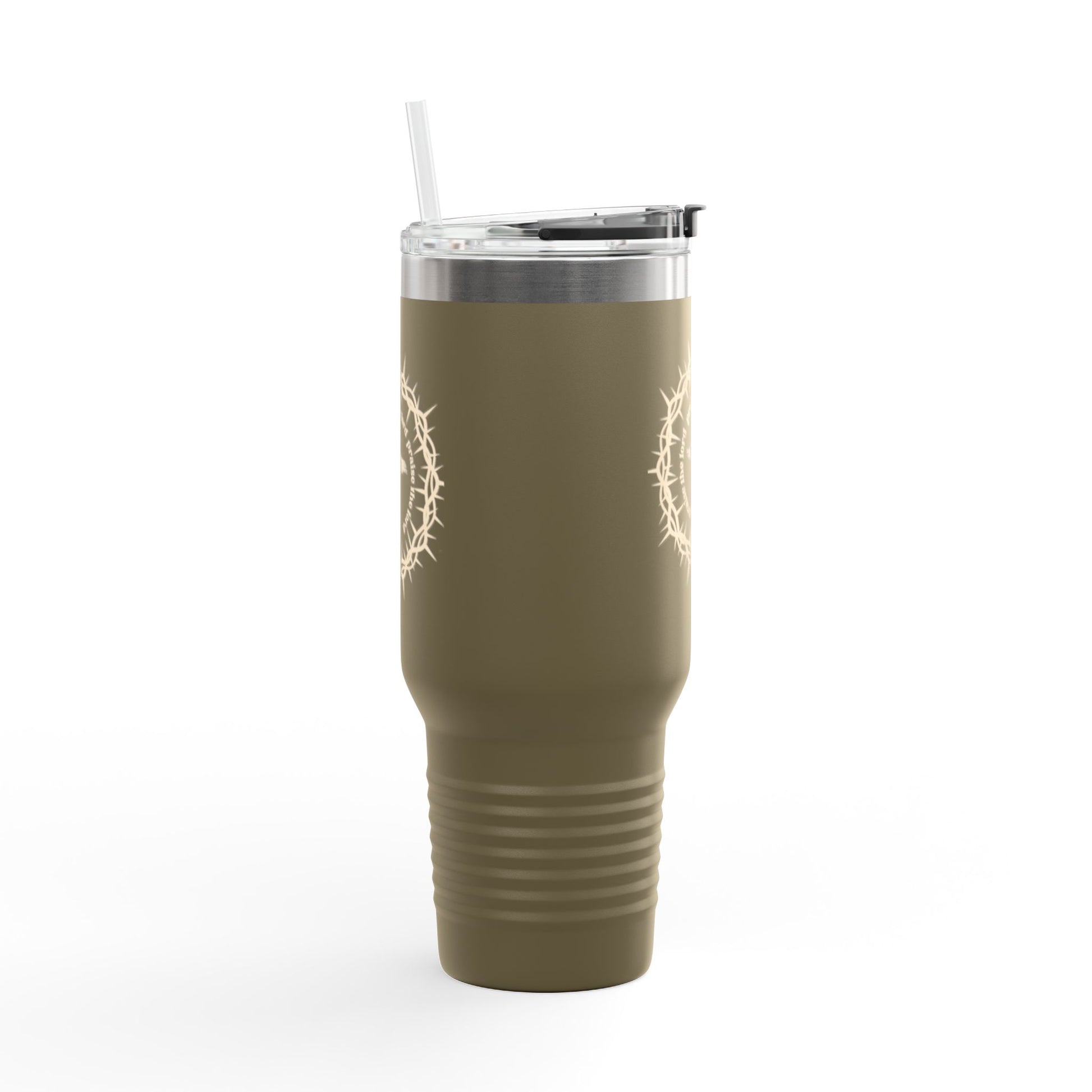 Stay refreshed on the go with this 40oz insulated travel mug. Durable stainless steel, built-in handle, straw, and leak-resistant lid for all-day hydration.

