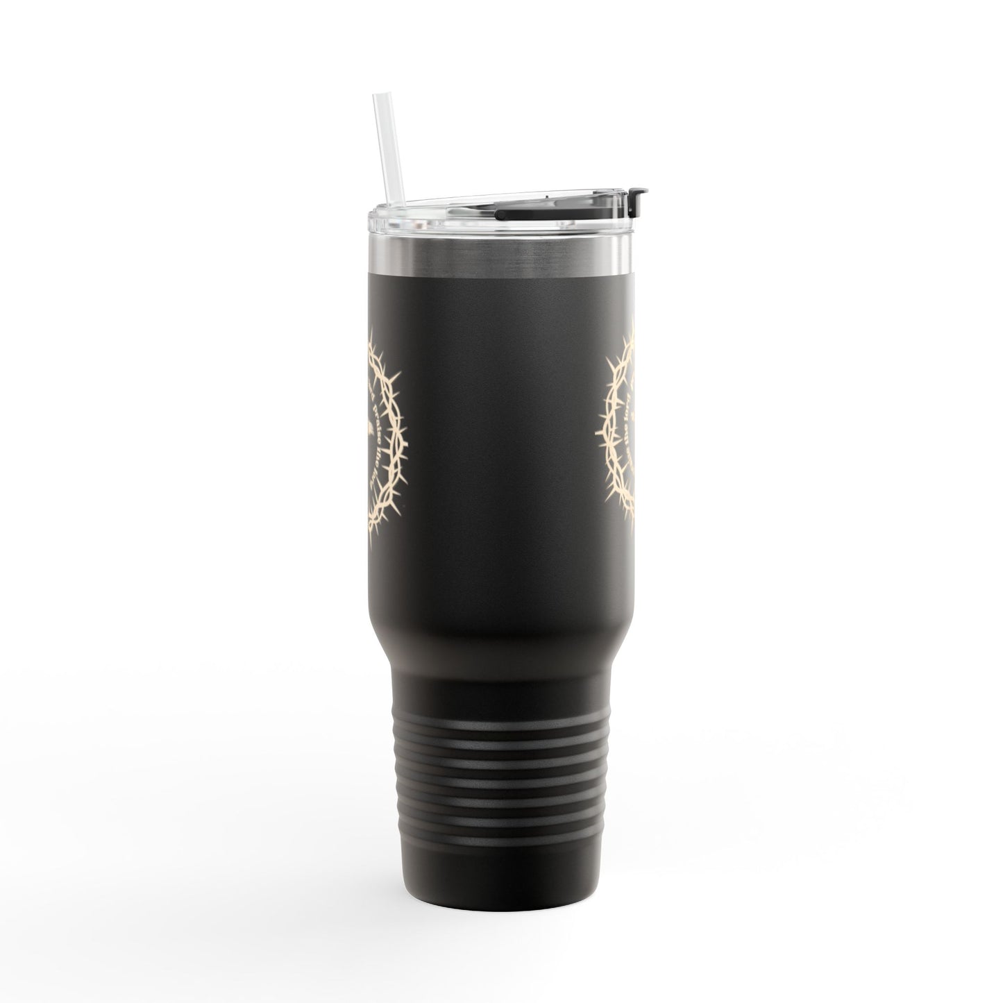 Stay refreshed on the go with this 40oz insulated travel mug. Durable stainless steel, built-in handle, straw, and leak-resistant lid for all-day hydration.

