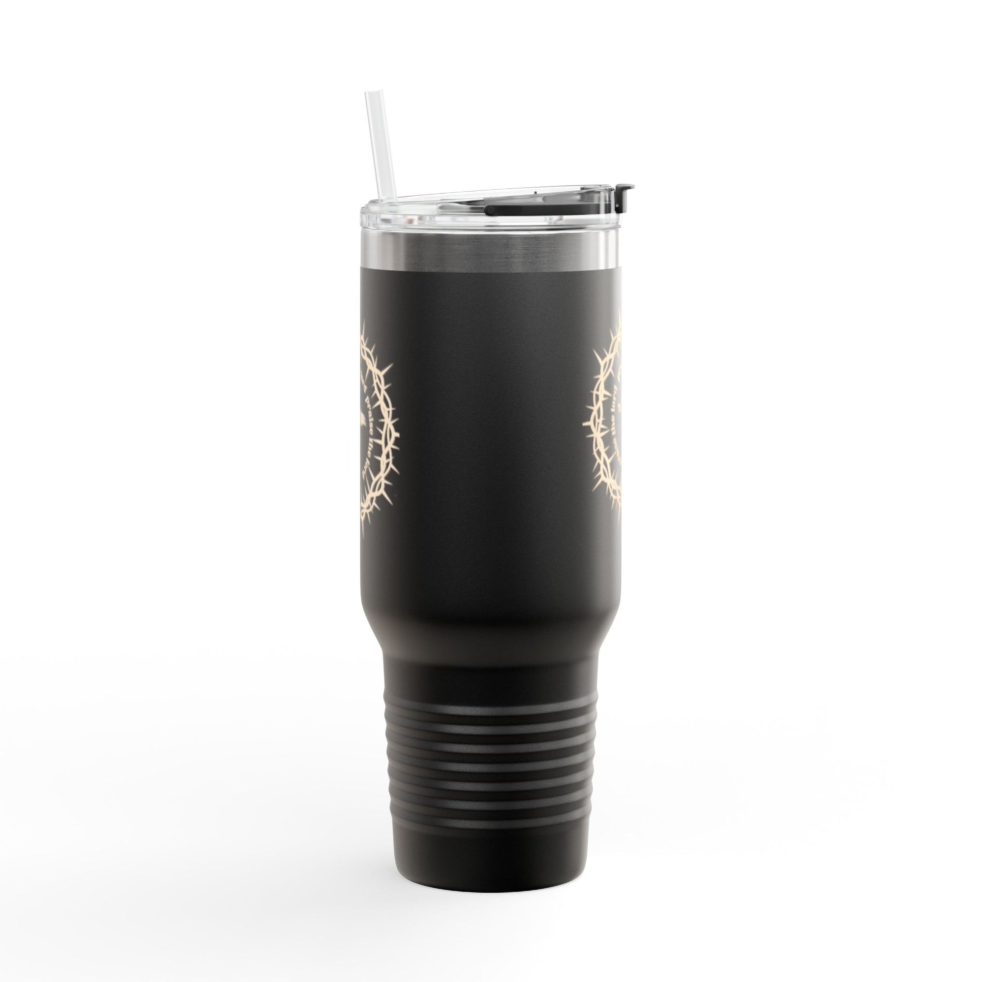 Stay refreshed on the go with this 40oz insulated travel mug. Durable stainless steel, built-in handle, straw, and leak-resistant lid for all-day hydration.

