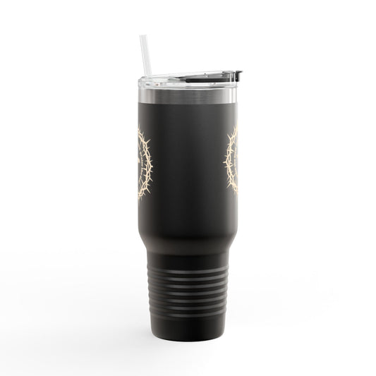 Stay refreshed on the go with this 40oz insulated travel mug. Durable stainless steel, built-in handle, straw, and leak-resistant lid for all-day hydration.

