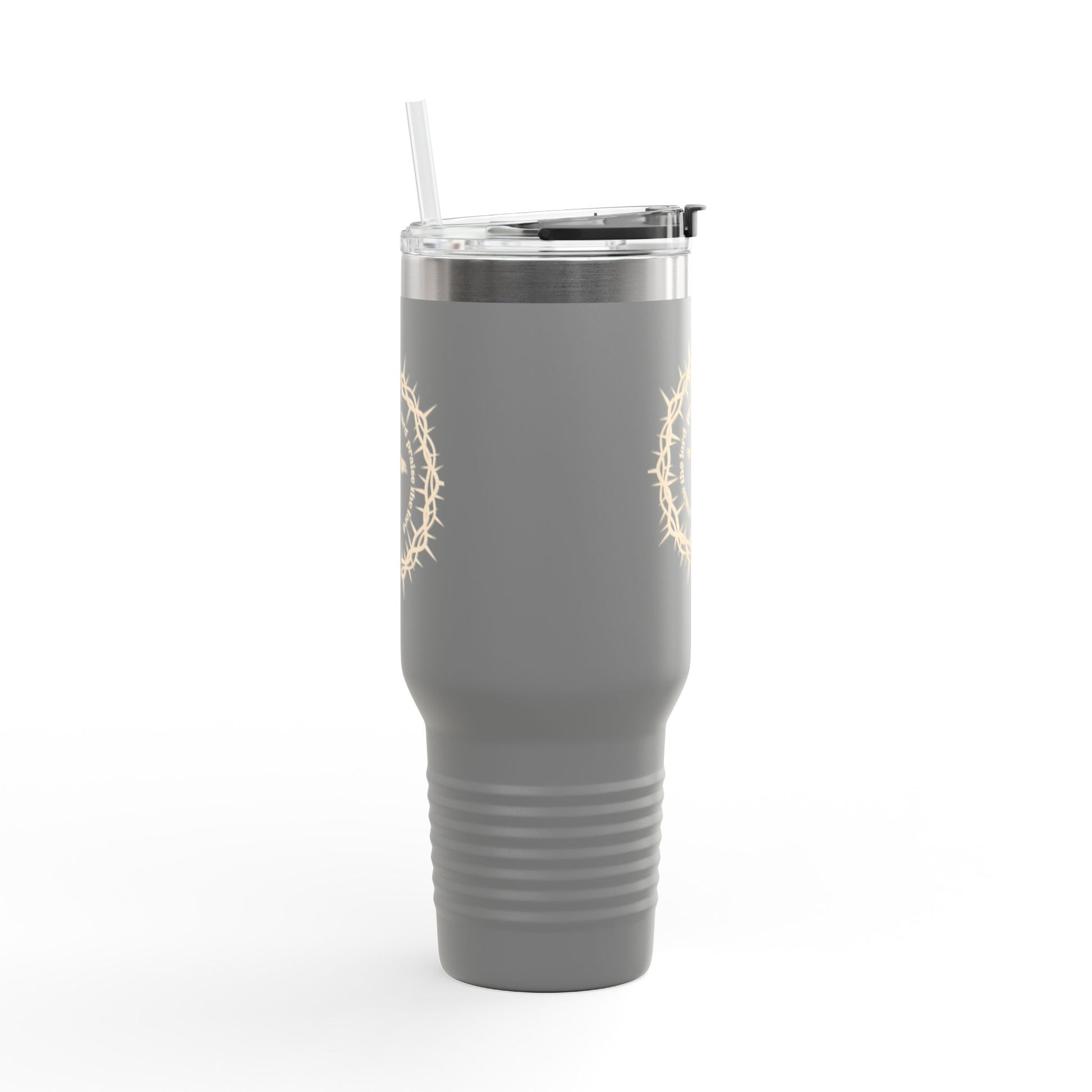 Stay refreshed on the go with this 40oz insulated travel mug. Durable stainless steel, built-in handle, straw, and leak-resistant lid for all-day hydration.

