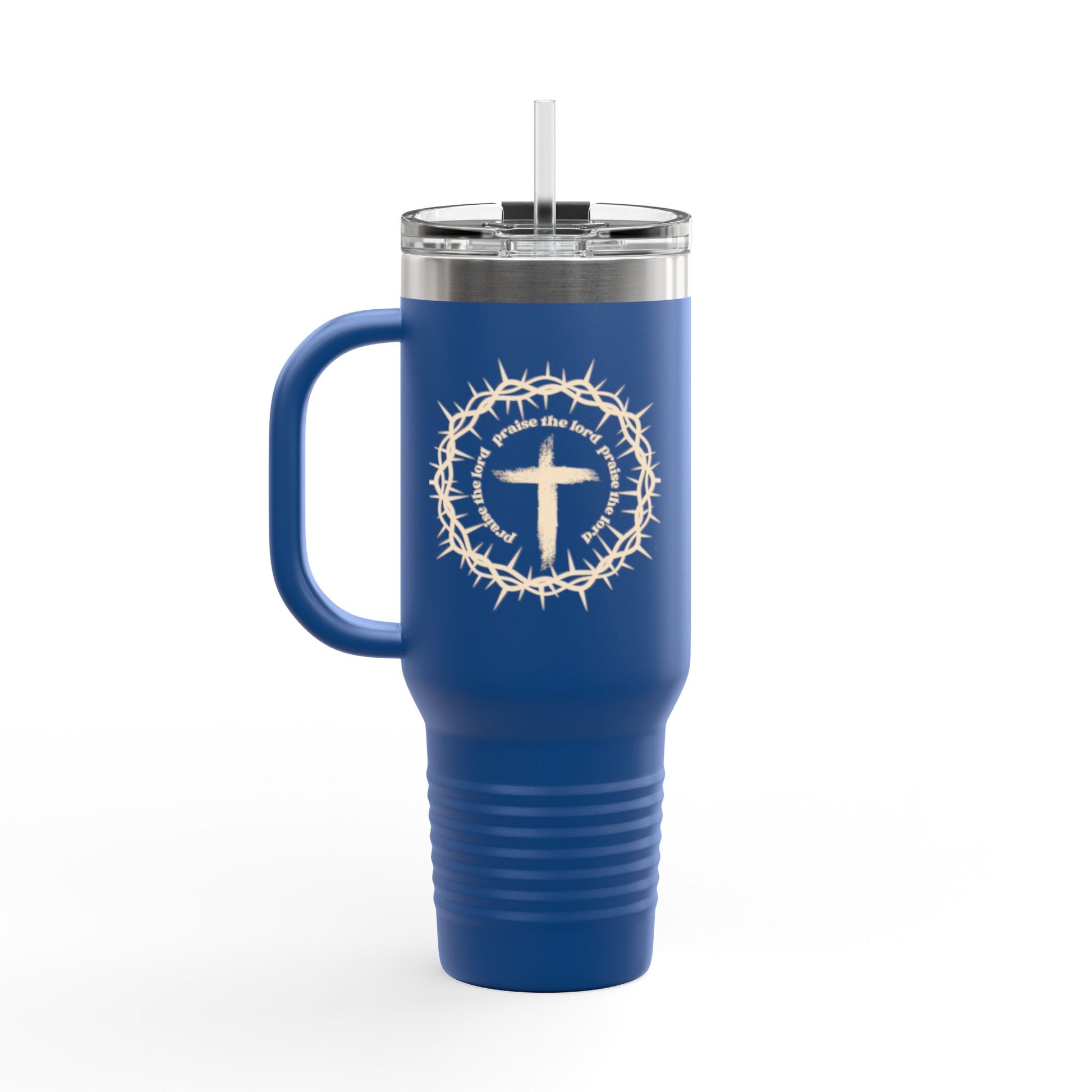 Stay refreshed on the go with this 40oz insulated travel mug. Durable stainless steel, built-in handle, straw, and leak-resistant lid for all-day hydration.

